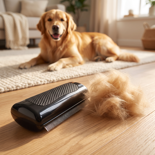 Pet Grooming Comb beside a pile of loose golden undercoat with a relaxed golden retriever