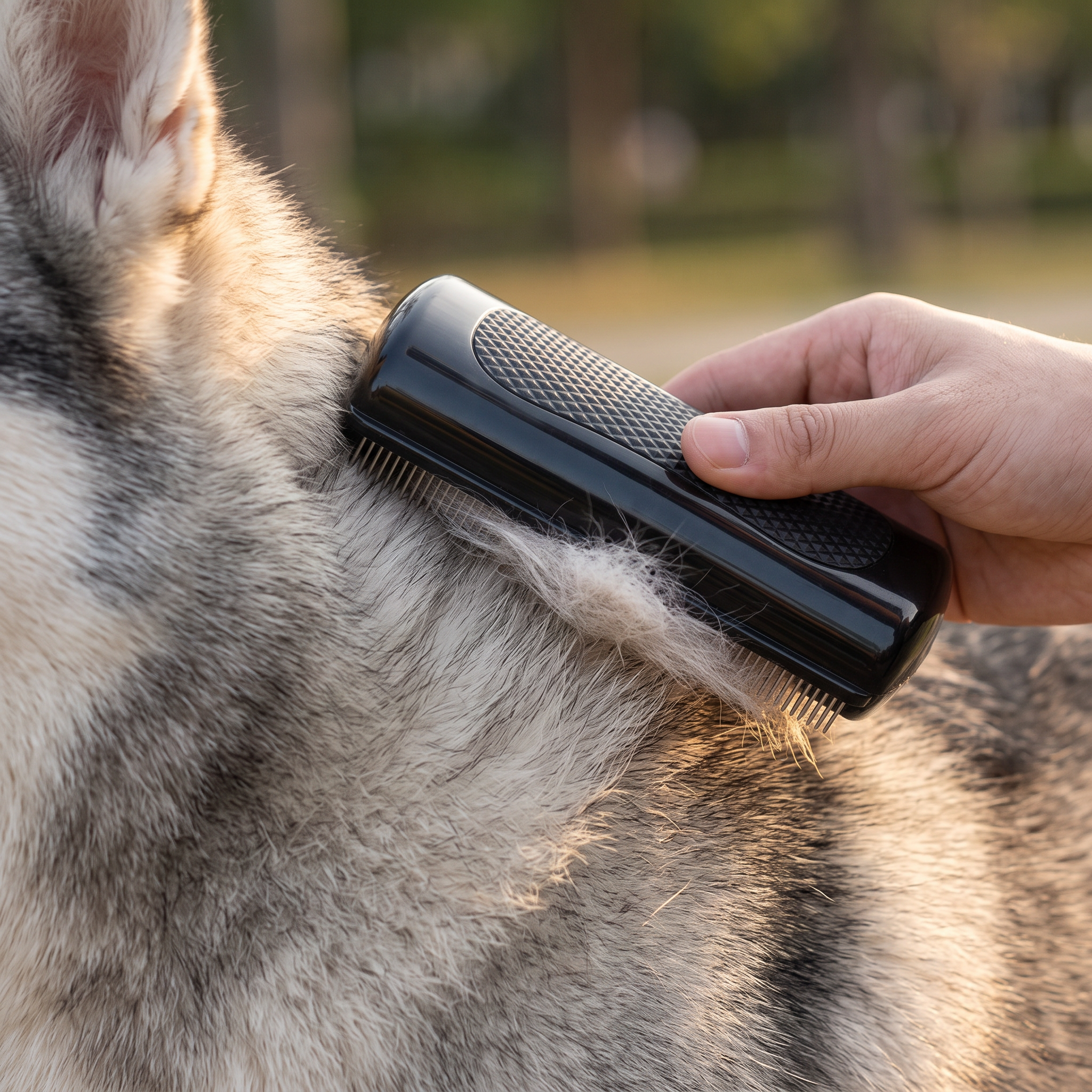 Pet Grooming Comb lifting loose undercoat from a husky's thick fur